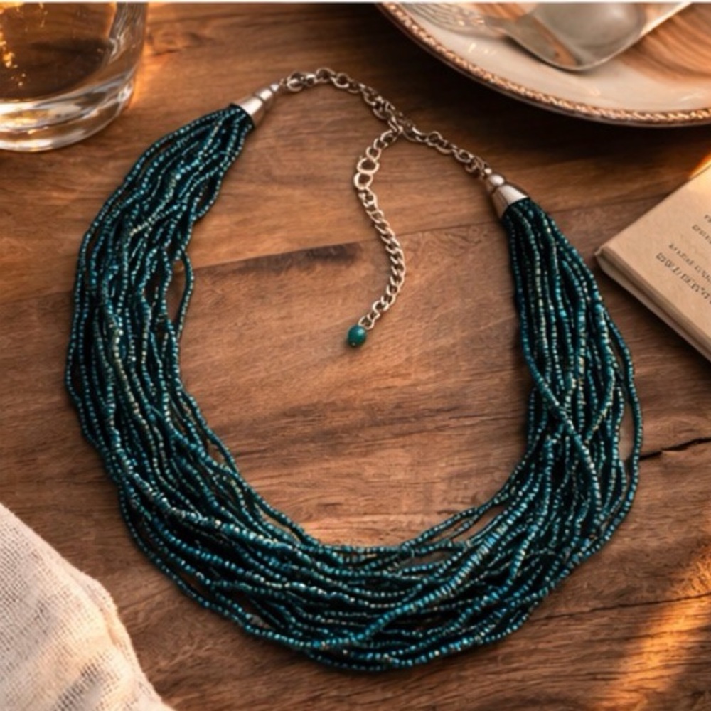 Vintage 90s Teal Multi Strand Seed Bead Necklace Artisan Boho